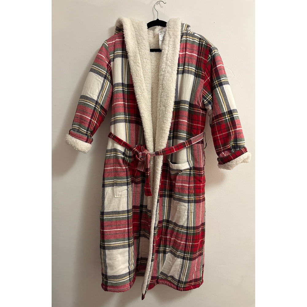 Pottery Barn Teen Plaid Holiday Red White Sherpa Lined Robe One Size